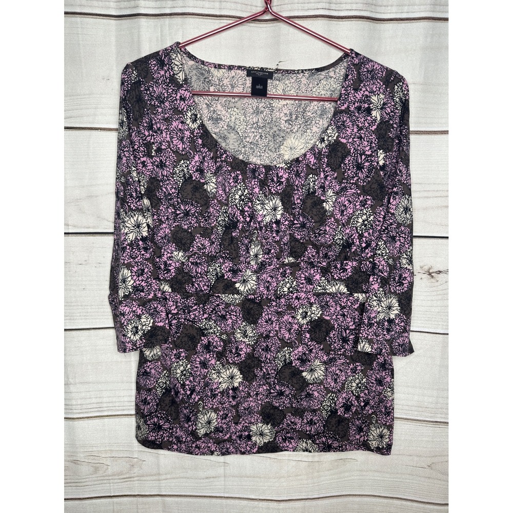 Ann Taylor Floral Top Women Large Pink Brown 3/4 Sleeve Scoop Neck Knit Cotton